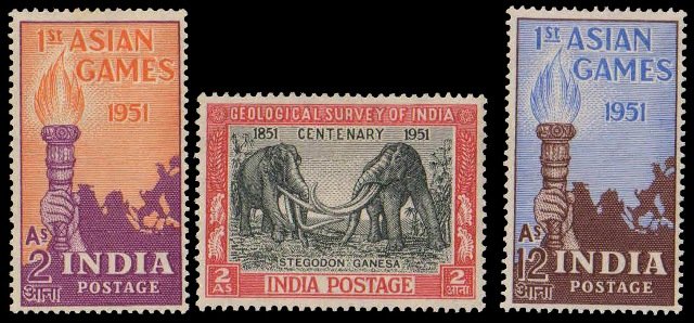 INDIA YEAR UNIT 1951 - Complete Set of 3 Stamps, Asian Games & Elephant, MNH