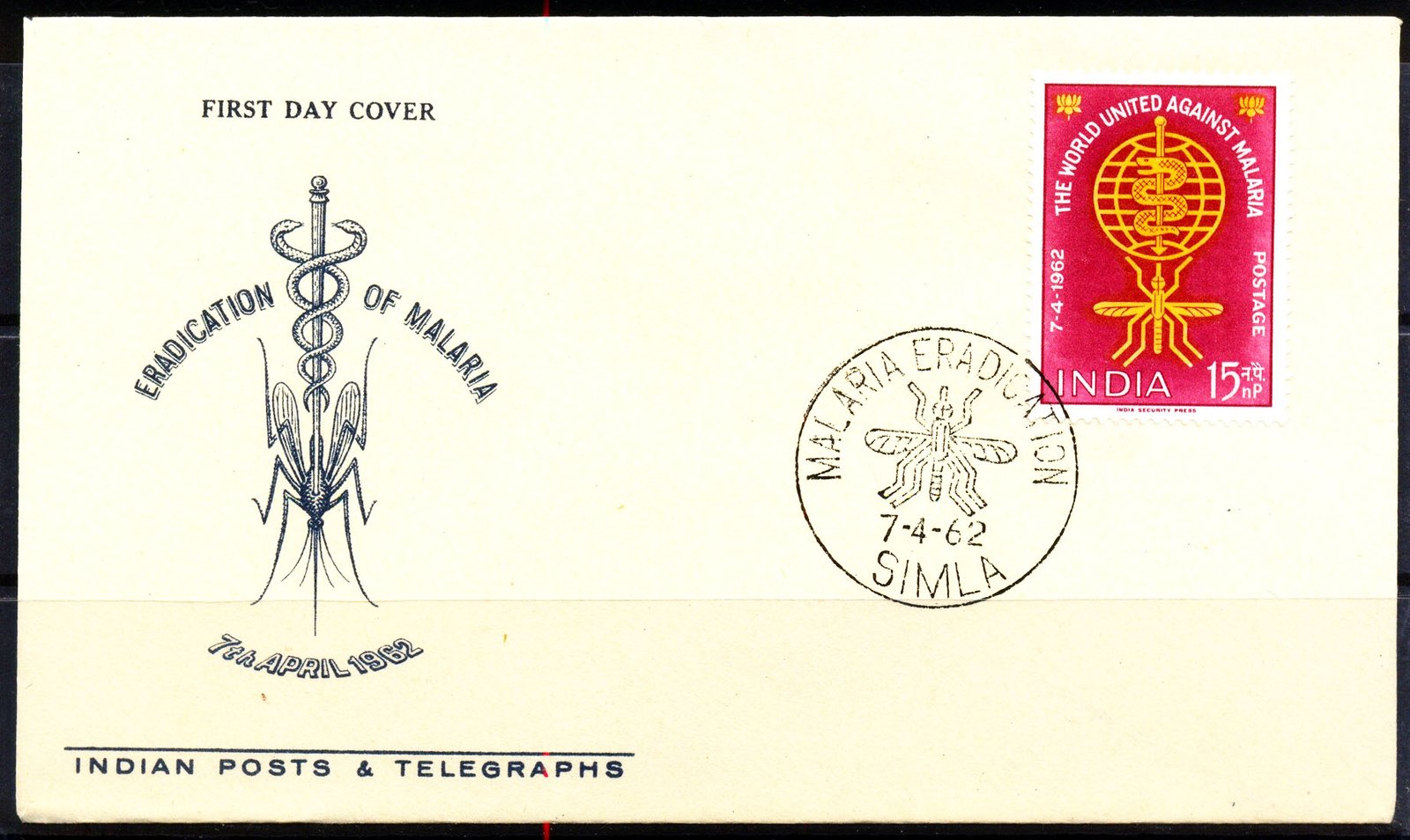 India 7-4-1962, Malaria Eradication Emblem, Health & Medical 15 N.P.