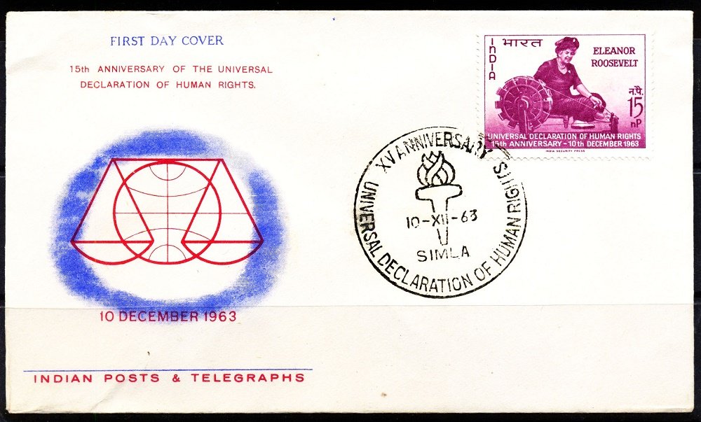 India 11-12-1963, Eleanor Roosevelt, Human Right, FDC 15 N.P. 