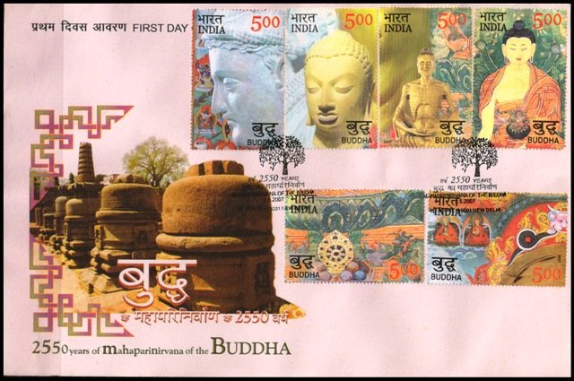 INDIA 2007 - Buddhism, 2550 Years of Mahaparinirvana of the Buddha, Complete of Set of 6 Stamps on official Cover with Special Postmark FDC