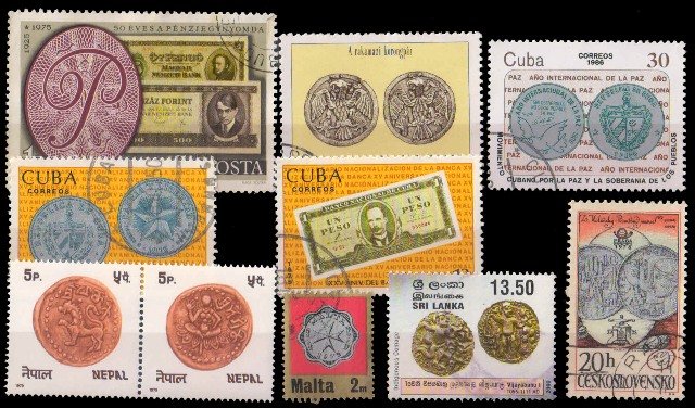Coin and Notes On Stamps 10 Different