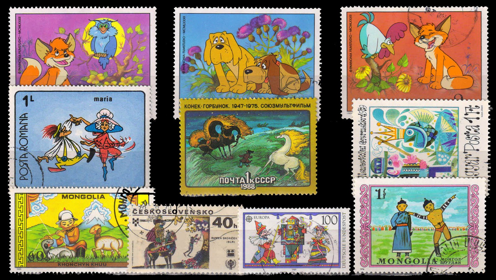 10 Different Cartoons On Stamps