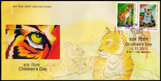 14-11-2011, Children Day First Day Cover, Tigers, Set of 2