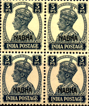 NABHA 1941 , S.G. 105 , King George VI , 3 Ps , Slate , Block Of 4 , Cat. ₤ 5.00
