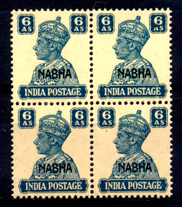 1943 , S.G.No. 115 , 6 As. Turquoise - Green ,King George VI , Block Of 4 , Cat. ₤ 64.00