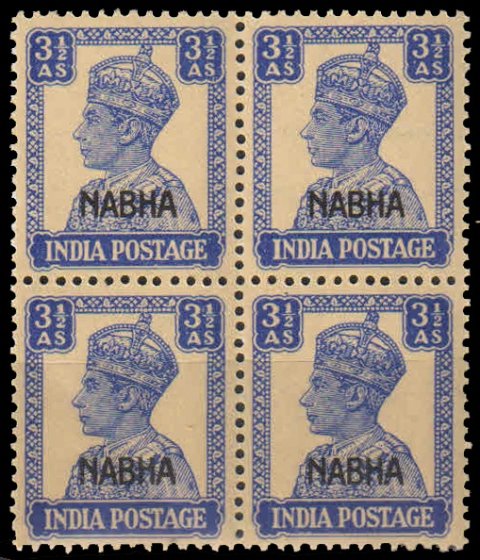 1943 , S.G.No. 113 , 3,1/2 As , Bright Blue , King George VI , Block Of 4 , Cat. ₤72.00