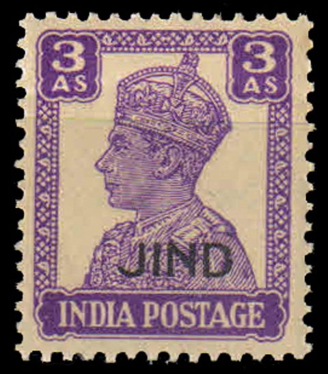 Jind 1942, S.G.No 144, King George VI, 3 As Bright Violet, Cat £ 25 