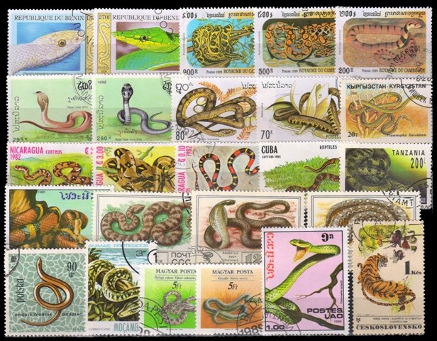 SNAKES ON STAMPS-Worldwide 25 Different Used Large Stamps