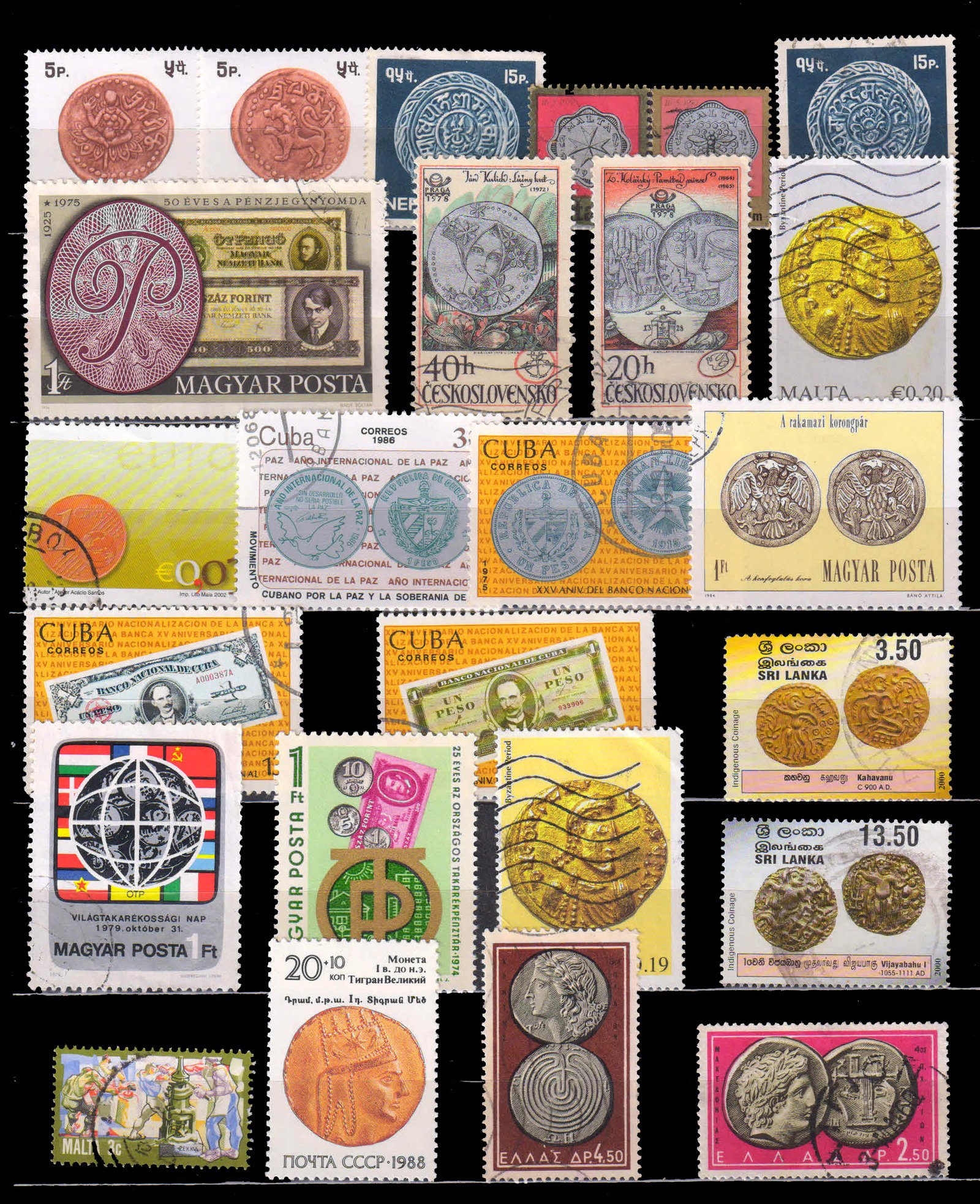 Coins & Notes On Stamps 25 Different