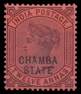 CHAMBA STATE 1890, Queen Victoria Stamp, 12 As, Purple/Red, 1 Value, MNH, S.G. 16, Cat � 10-