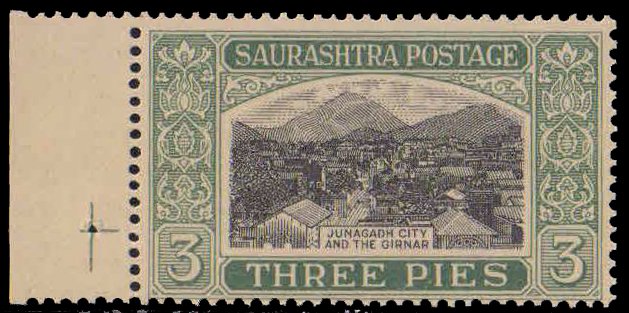 1929, S.G.No 49, 3 Pies Black & Blackish Green Junagadh City IV-Cat £ 1.75-