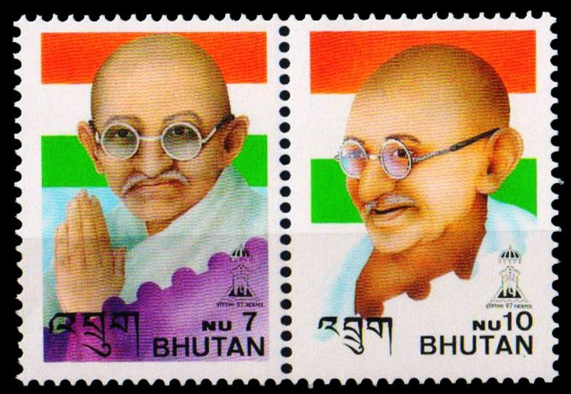 BHUTAN 1997-Mahatma Gandhi Face Portrait-Se-tenant pair-MNH-S.G. 1250 & 1251
