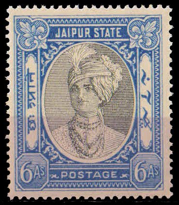 Jaipur 1946 - Black and Pale blue 6As, Maharaja Sawai Man Singh, S.G. 65a, Cat £ 18.00