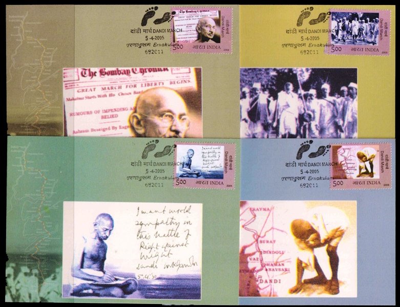 INDIA 2005 - Mahatma Gandhi Dandhi March, Set of 4 Dandhi March Maxim Cards, With Stamps & Cancellation 