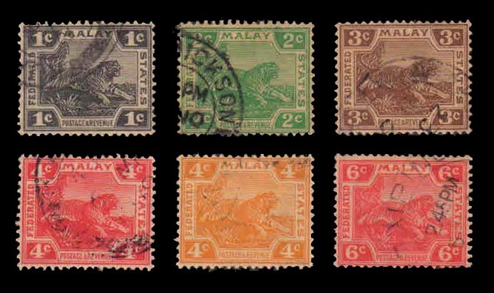 Federated Malay State - 6 Different Used Stamps, Tiger Series 1922