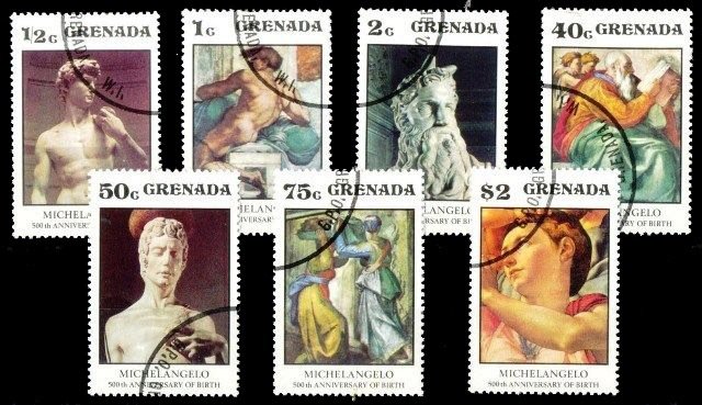 Grenada 1975 - 500th Birth Anniversary of Michelangelo Sculpture, Painting, Set of 7, Used, S.G. 745-751