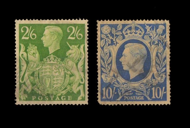 Great Britain- England 1939- King George VI Portrait- 2 Different, Green and Blue, Used- S.G. 476a & 478a, Cat. �6.5