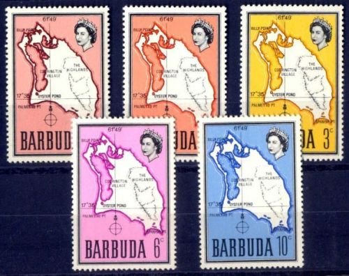  BARBUDA 1968 - Map of Barbuda, Queen Elizabeth, 5 Different Stamps, MNH