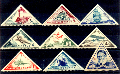 MONACO-9 Different Triangular Shaped Stamps on - Railway, Ship, Aircraft