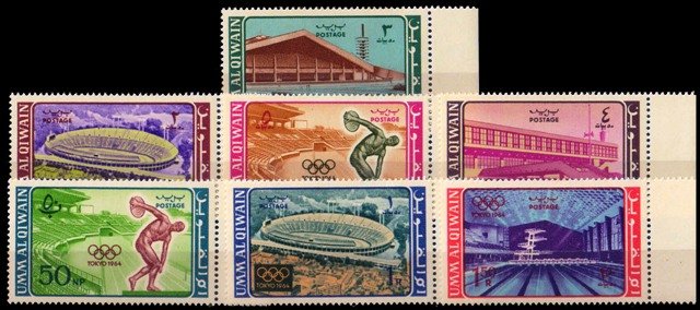 UMM AL QIWAIN 1964-Olympic Games, Tokyo-Stadium, Swimming Pool, Set of 7-MNH-S.G. 19-25