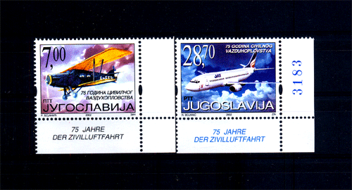 Yugoslavia 2002 Aircraft . Bi-Plane , Aviation , S.G. No. 3349-3350. Set of 2. Cat.₤40