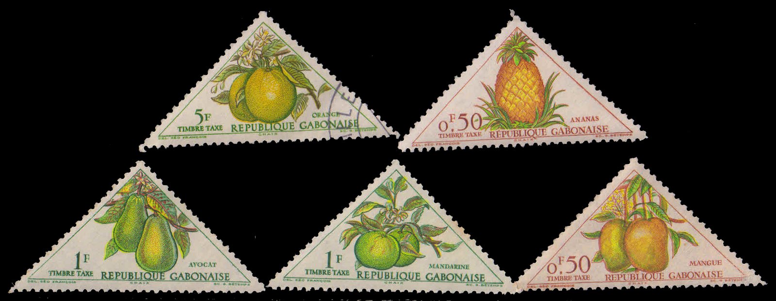GABON Fruits 5 Different Triangular Stamps
