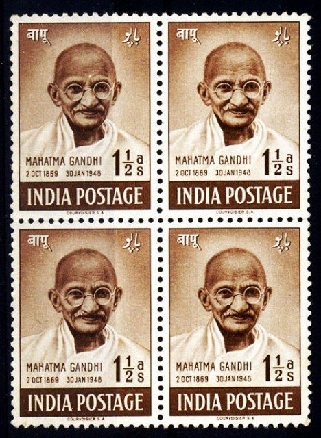 India 1948, 1Â½ Anna, Mahatma Gandhi Mourning Issue, Block of 4 Stamps, Mint Gum Wash