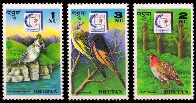 BHUTAN 1995-Birds-Singapore Inter. Stamp Exhibition-3 Different Stamps-MNH