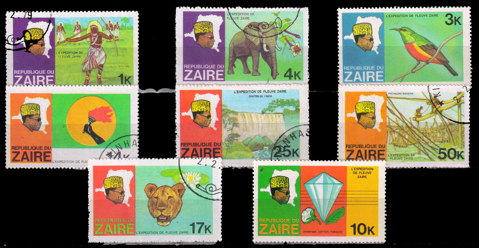 ZAIRE 1979 - River Expedition, Dancer, Bird, Waterfall, Animal, Complete Set of 8, Used Stamps, S.G. 952-959