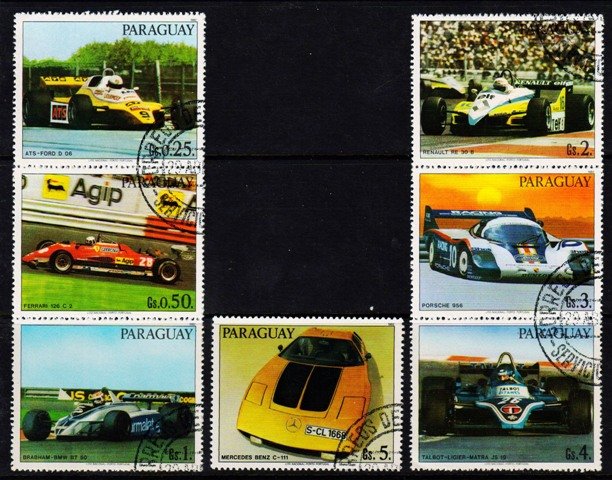 PARAGUAY 1983-Race Cars-Auto mobile-Set of 7-Used-Scott No. 2068 a-f, 2069