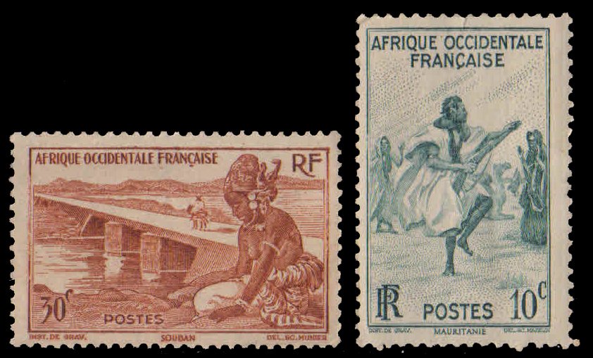 French West Africa 1947-War Dance, Girl & Bridge, 2 Different Mint, S.G. 34 & 35