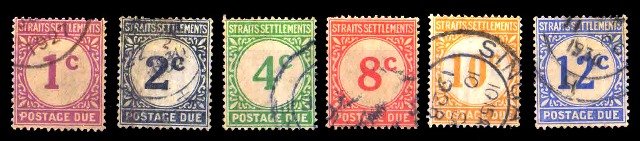 STRAITS SETTLEMENT 1924-Postage Due Stamps-Comp. Used Set of 6 Stamps-Cat � 11- S.G. D1-D6