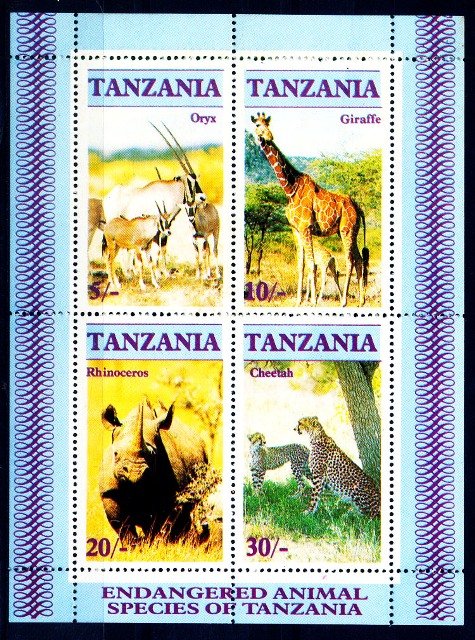 Tanzania 1986, Endangered Animals - Giraffe. Cheetah, Rhino, Oxys, Flora & Fauna, Sheet of 4 Stamps, MNH