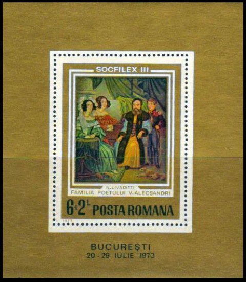 Romania 1973-'SOCFILEX III' Stamp Exhibition-'The Poet Alec sandri and his Family' (N. Livaditi)-MNH-S.G. MS 4007