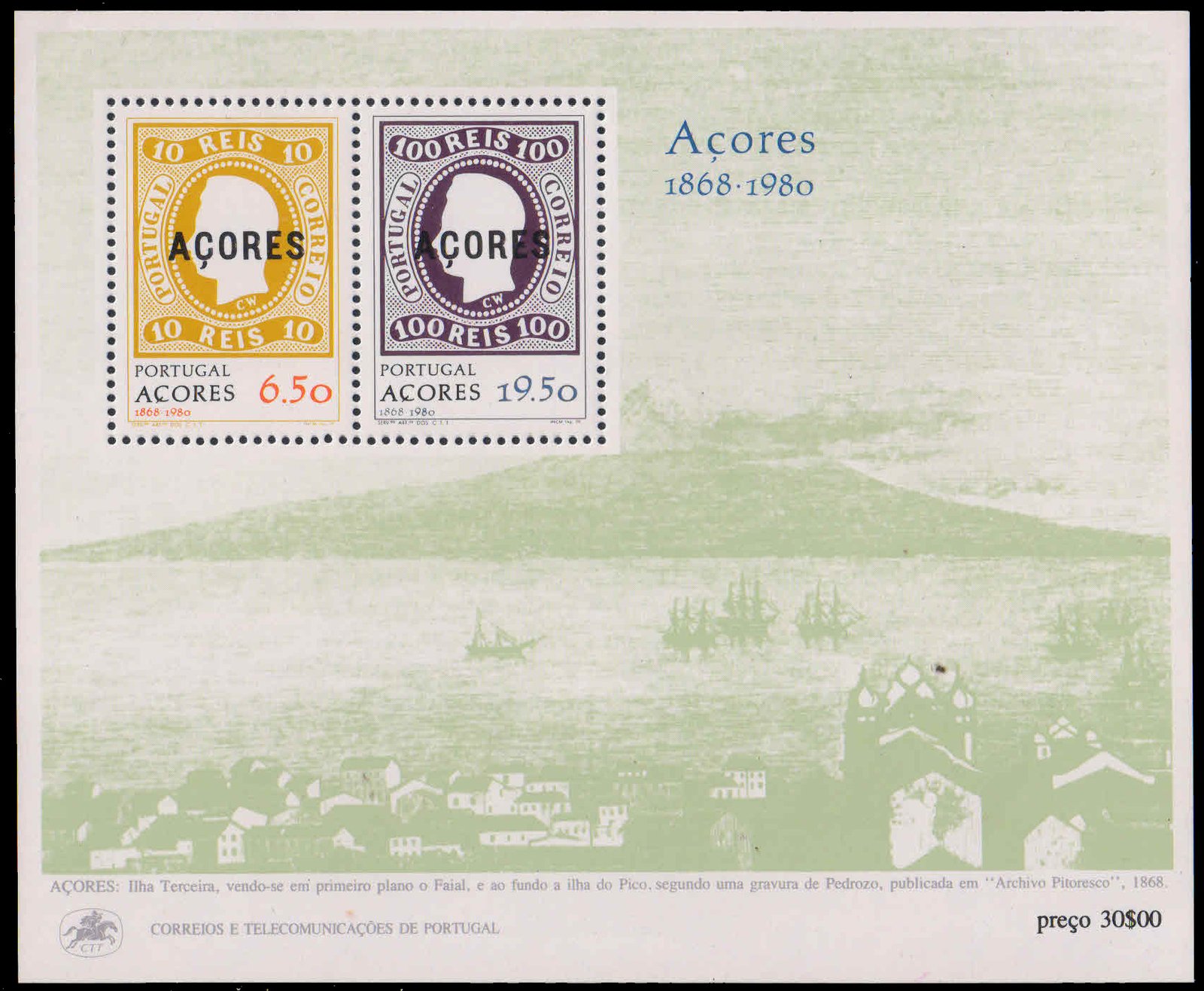 Azores 1980, 112th Anniv. of First Azores Stamps, Stamp on Stamp - 10 Pies Stamp of 1868, S.G.No MS 418