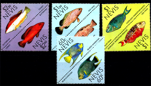 Nevis 1987 , Coral Reef Fishes , Triangulars , S.G.No. 477-484 , Set Of 8, MNH ,Cat .₤ 3.50