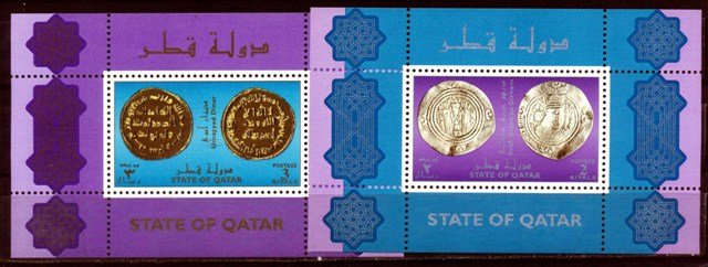 Qatar 1999, coins on Stamps, Silver & Gold, S.G. MS1067, Set of 2 Sheets, CAt � 24-, Scare