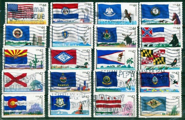 UNITED STATES OF AMERICA - 20 Different Flags, Used Postage Stamps