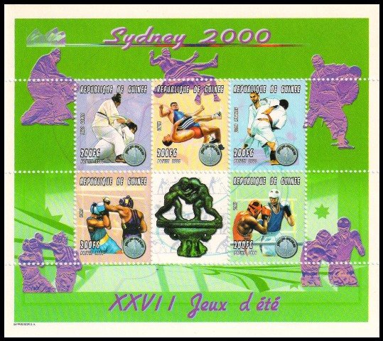 GUINEA 2000-Sydney Olympic, Medals, Boxing, Judo, Wrestling, Miniature Sheet of 5 Stamps, MNH