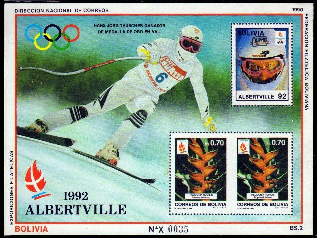 BOLIVIA 1990-Flowering Plant & Albertville Winter Olympic Emblem S/Sheet Containing 2 Stamps & 1 Label similar to No. 784. MNH