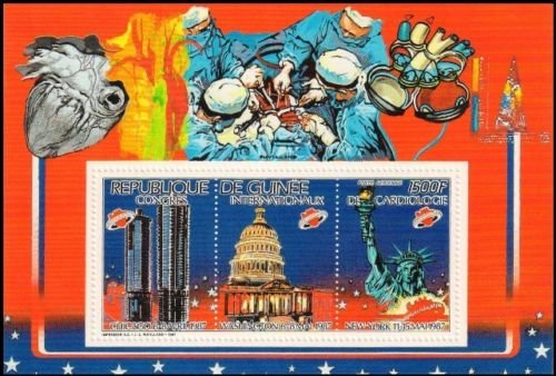 GUINEA 1987-Inter cardiology congress, Chicago-Statue of Liberty, Towers,Chicago Capital-White House-MNH-Perforated-S.G. MS 1310