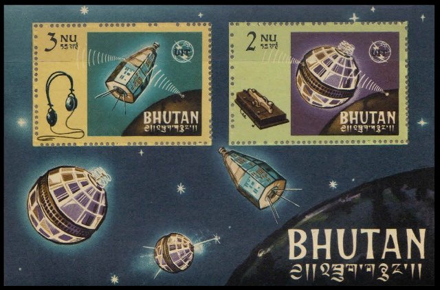 BHUTAN 1966, Cent. of I.T.U-Morse Key, Headphone-Satellite-Miniature Sheet of 2 Stamps-S.G. MS 67