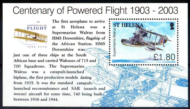 St. Helena 2003 - Cent of Powered Flight, Aircraft, Super marine Walrus, Miniature Sheet MNH, S.G. MS 911, Cat £ 8