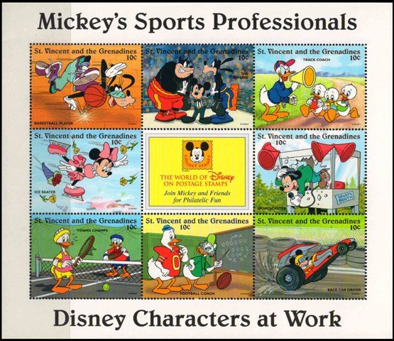 St. Vincent 1996 - Disney Characters, Mickey Sport Professionals, MNH, Sheet of 8 +1 Label