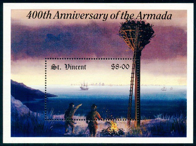 St. Vincent 1988-Spainish Armada-Ship-Miniature Sheet-Tower-MNH S.G. MS 1143, Face $ 8-00
