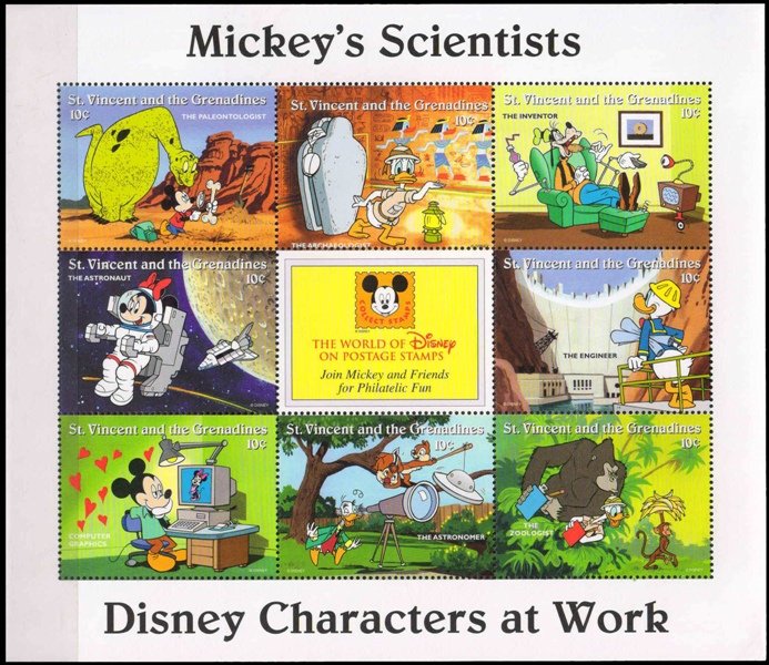 St. Vincent 1996 - Disney Charecters, Mickey Scientists, MNH, Sheet of 8 +1 Label