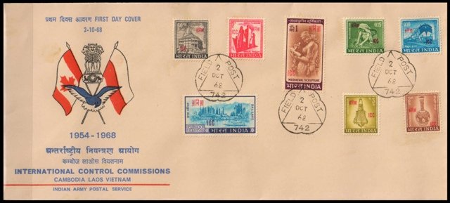 1968 I.C.C overprinted set of 8 value ,A set of 2 First day covers with cancellation of indian field post offices SAIGON & VIENTIANE 