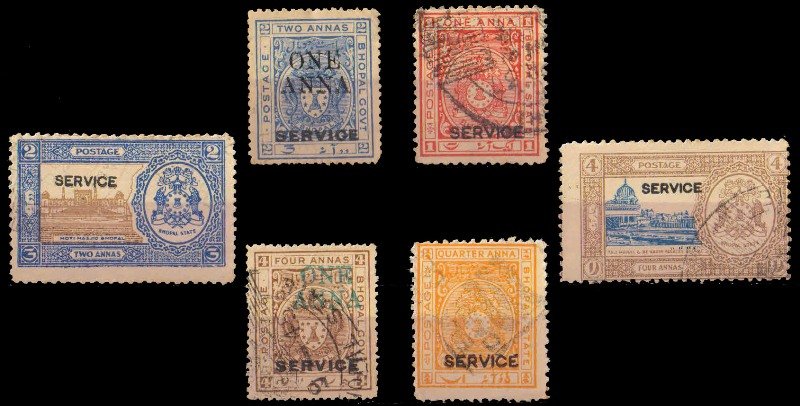 BHOPAL STATE, India 1935-40, 6 Different Used Postage Stamps-Arms, Moti Masjid, Taj Mahal-Cat Value £ 12.50-