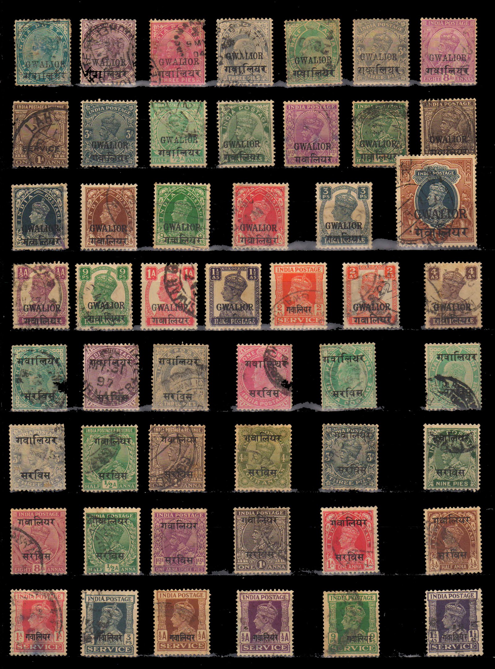 Gwalior State, 50 Different Used Stamps, India Convention State Stamps