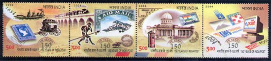 India 2004,150 Years of India Post Mail Streamer, Train Dak Ghari, 1st Stamp of India, 1st Airmail Flight, S.G.No 2224 - 27, Horizontal Strip of 4